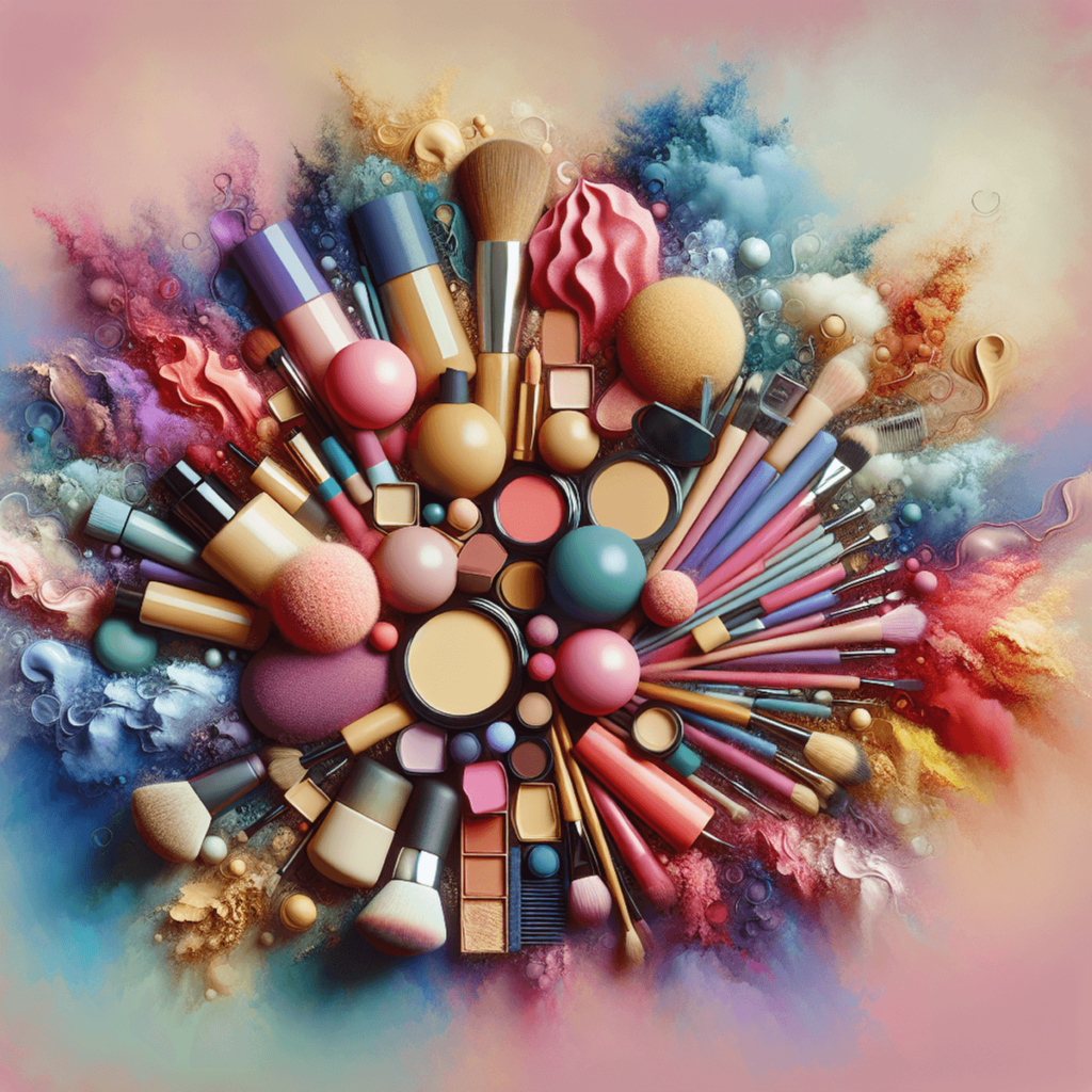 An abstract arrangement of various makeup foundation products including liquid, powder, cream, and stick, artistically displayed to form a vibrant pal